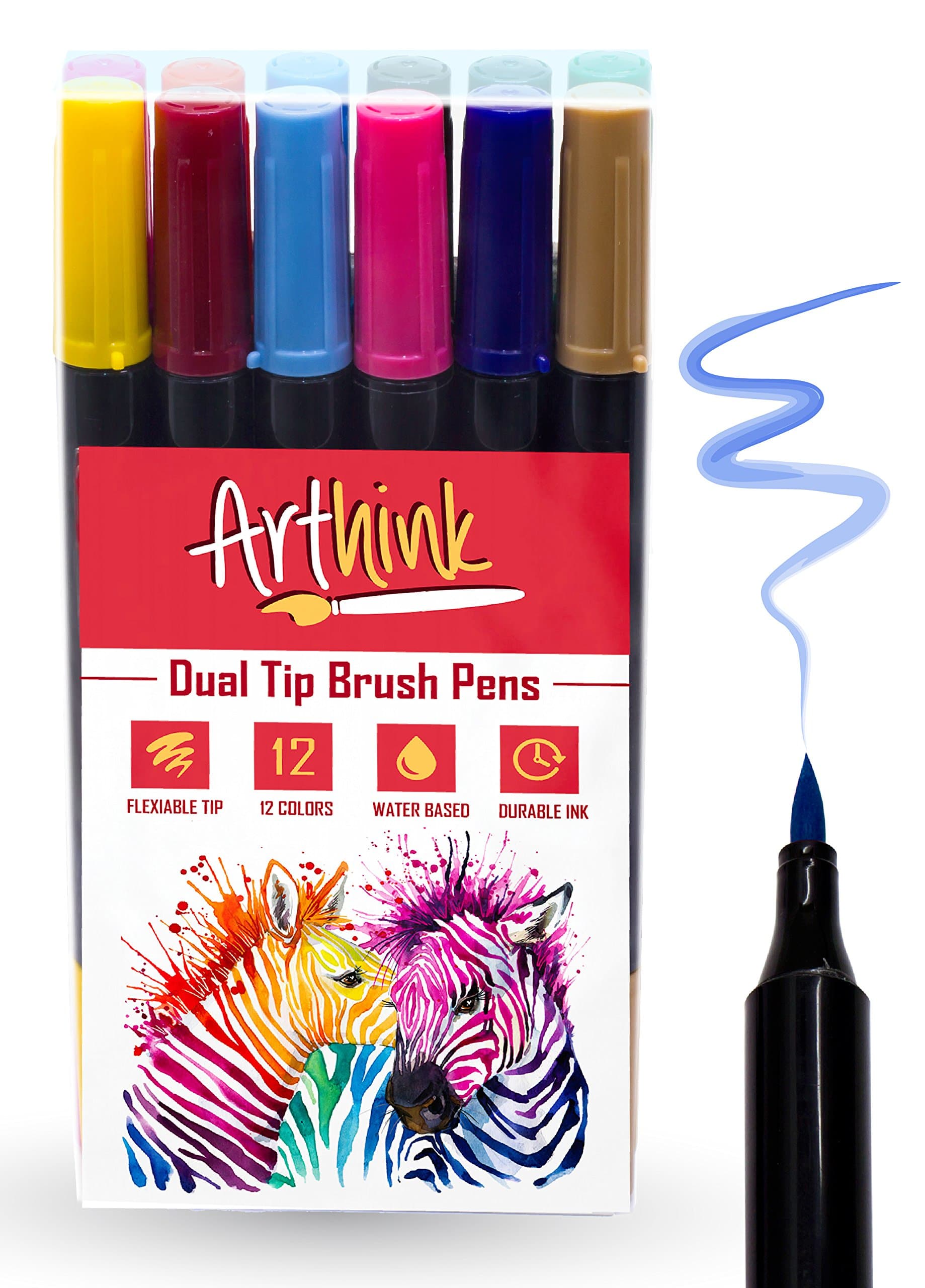 Arthink 12-Piece Dual Tip Calligraphy Brush Water Color Pens with Adult Coloring Book and Guide