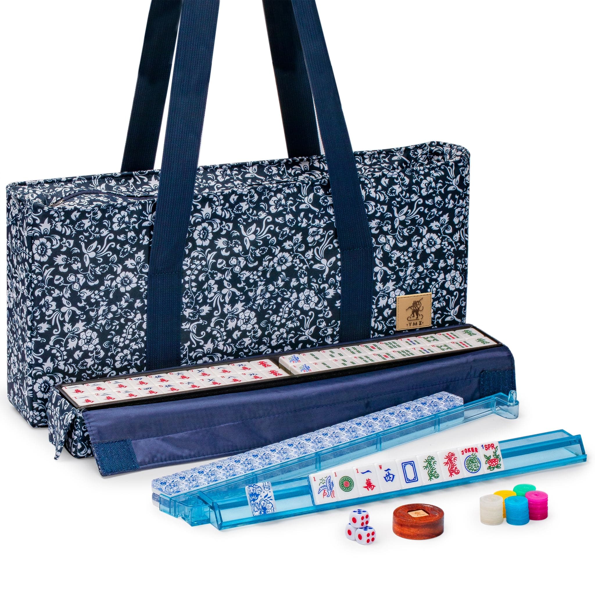 American Mahjong Set Chinoise II with Floral Blue Soft Case - All-in-One Rack with Pushers, Light Patterson Betting Coin, Dice and Wind Indicator by Yellow Mountain Imports