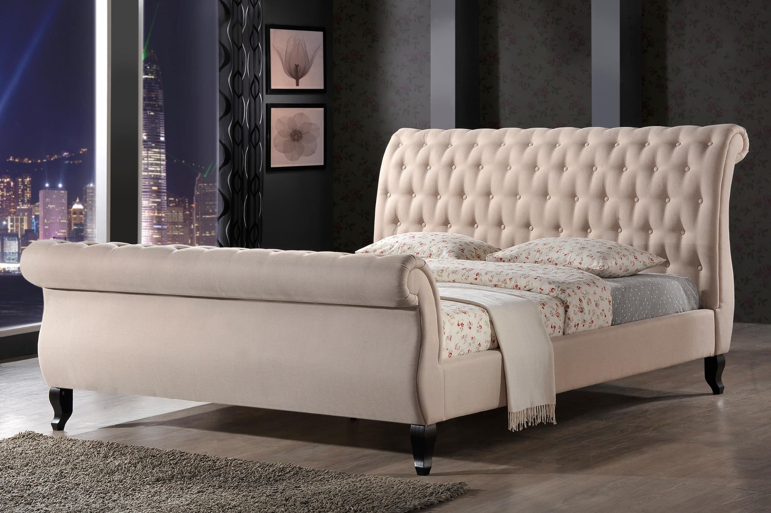 LuXeo Nottingham Sleigh Upholstered Platform Bed, Sand, Queen