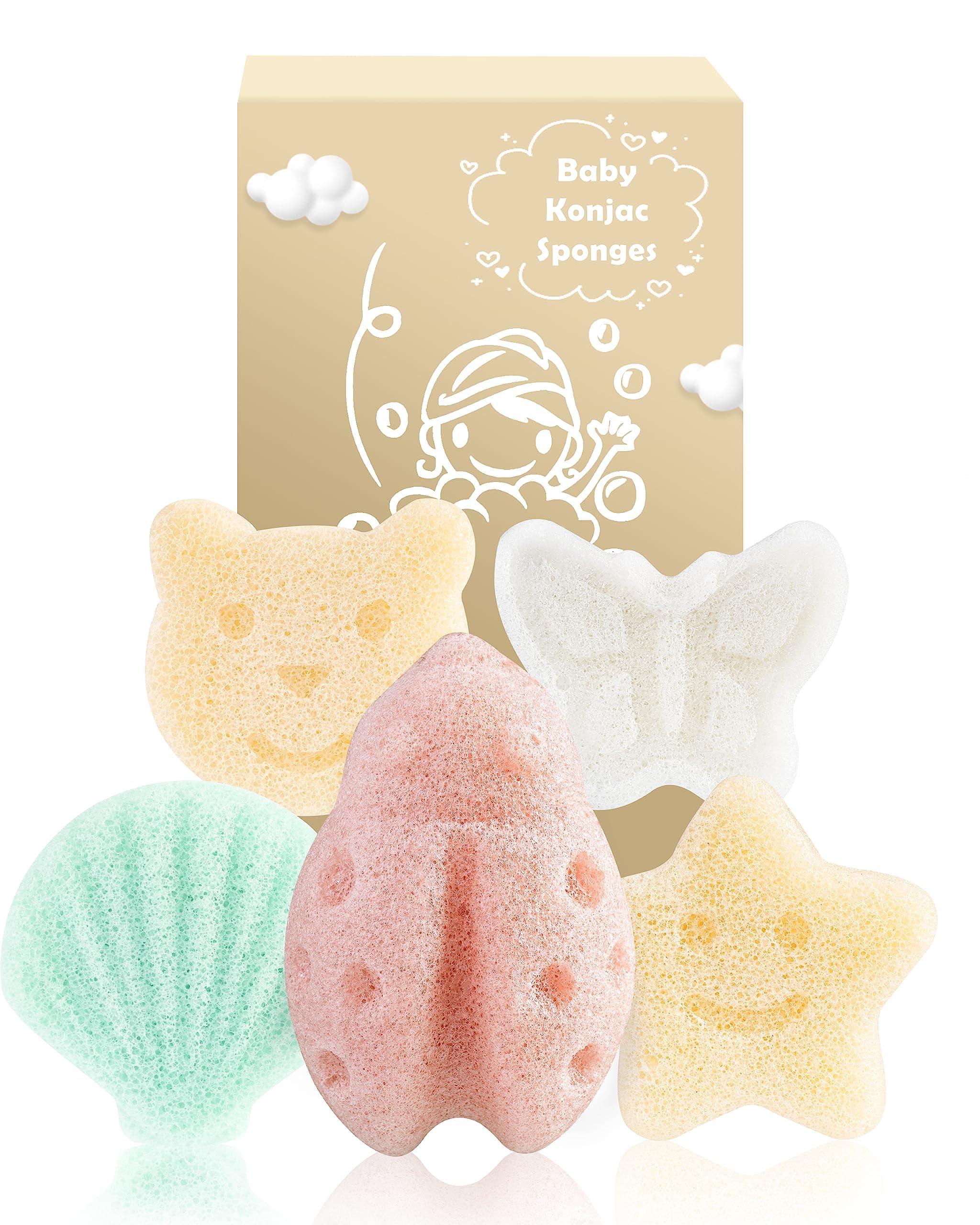 MoHern Konjac Baby Sponge for Bathing, 5Pcs Natural Cute Shapes, Kids Bath sponges for Infants, Toddler Bath time, Plant-Based, Extra Soft