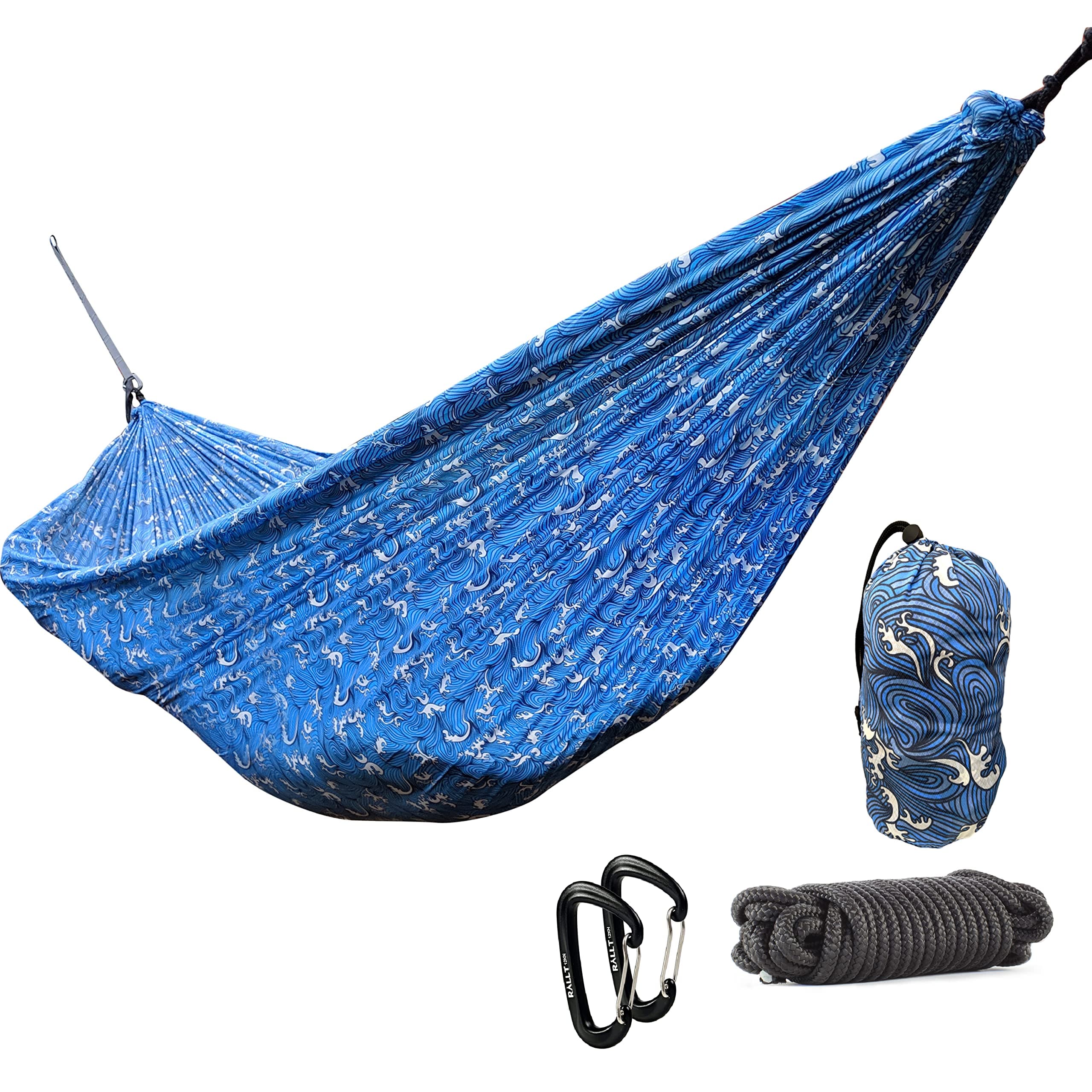 Camping Hammock & Carabiners - Portable Set includes Durable Hammock Made w/Ripstop Parachute Nylon, Ultralight 12 kN Carabiners & 20ft of Rope- Outdoor Gear for Hiking, Backpacking & Survival