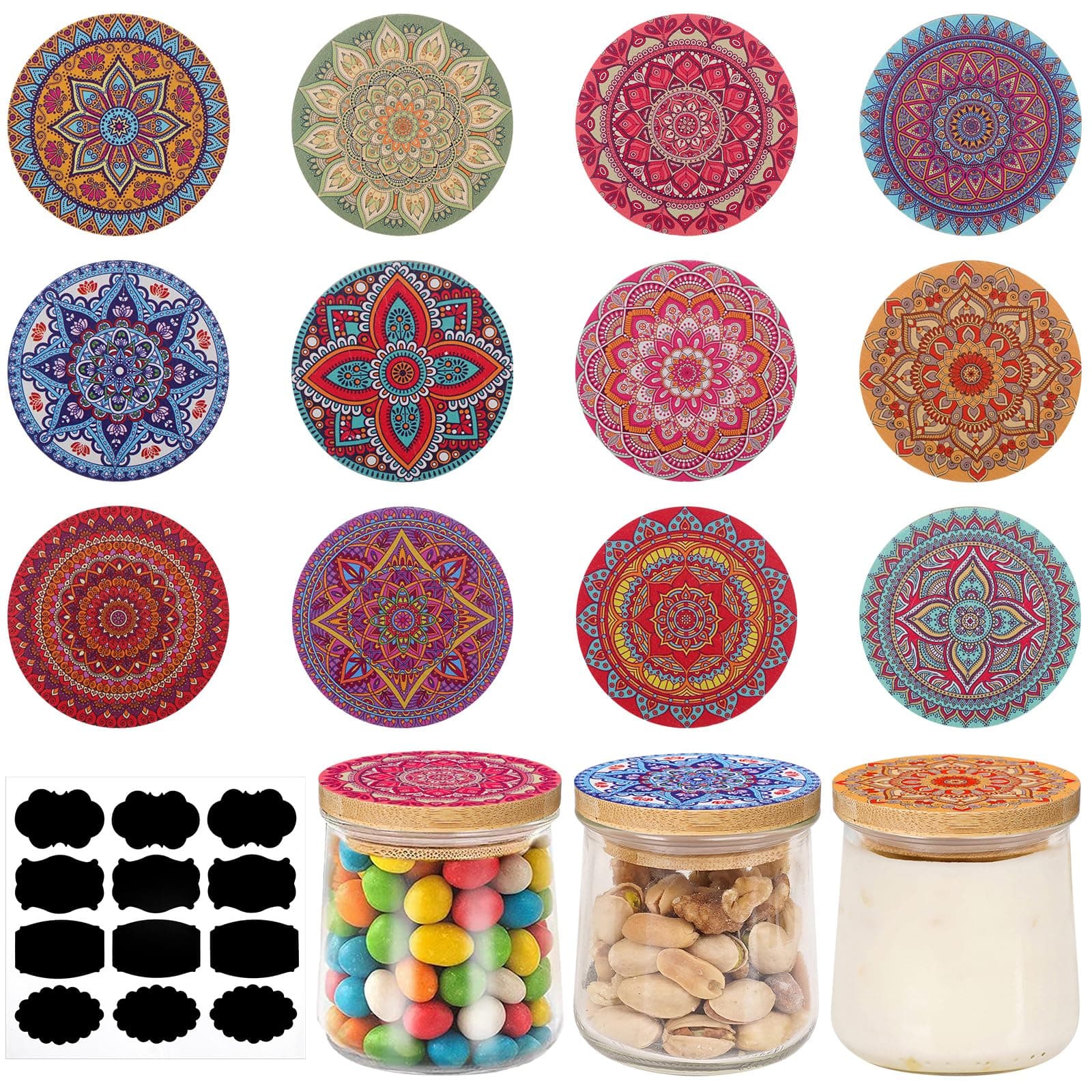 Uiifan12 Pcs Yogurt Jar Lids Reusable Bamboo Mandala Pattern Lids with Silicone Sealing Rings and 12 Yogurt Bottle Label Jar Wooden Lids Compatible with Oui Yogurt Jars Cookie Spice Coffee Bean Jars