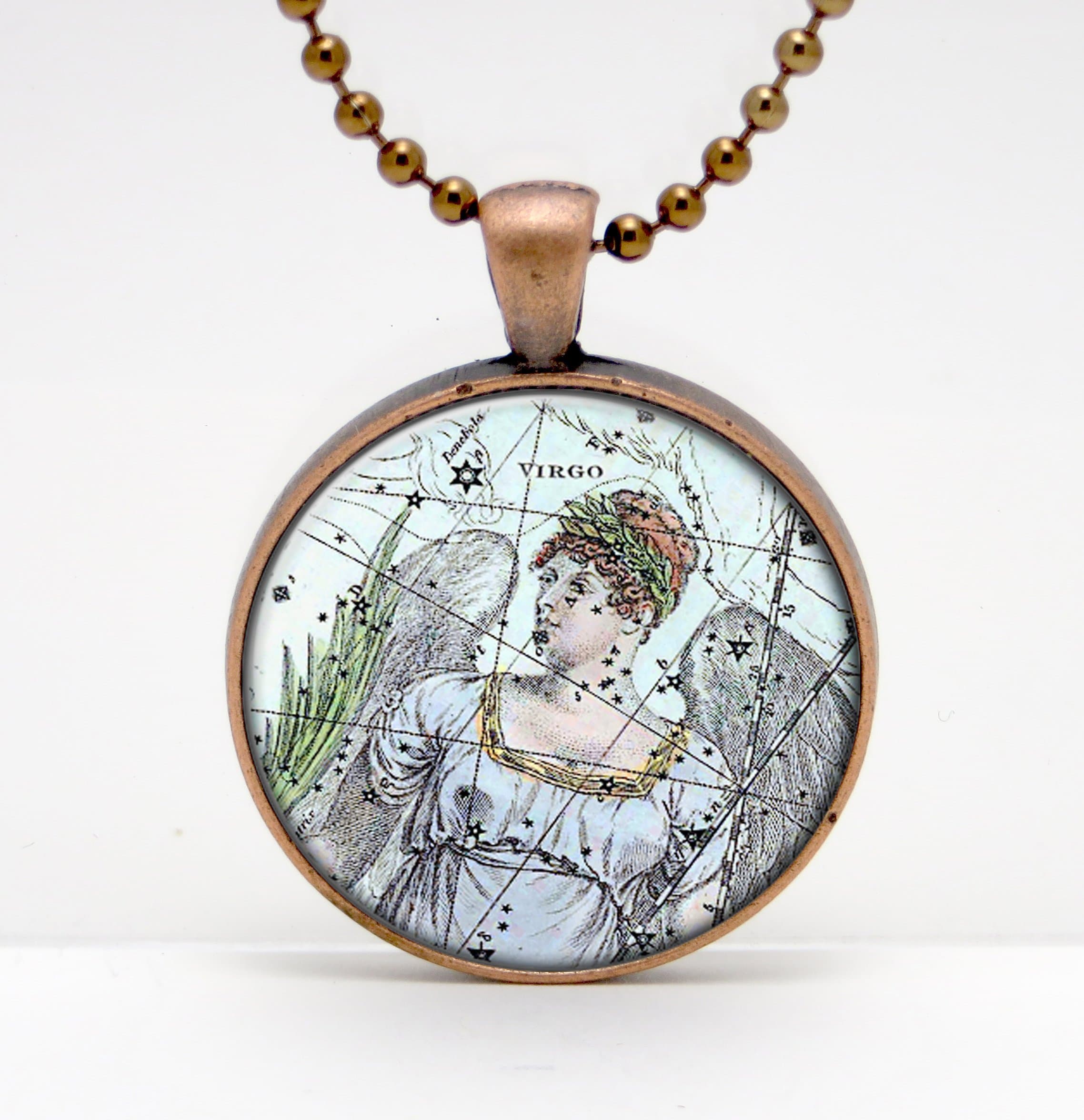 Virgo the Virgin Vintage Constellation Celestial Map Art Glass Pendant or Key Chain- 30 mm round- Chain Included- Made to Order
