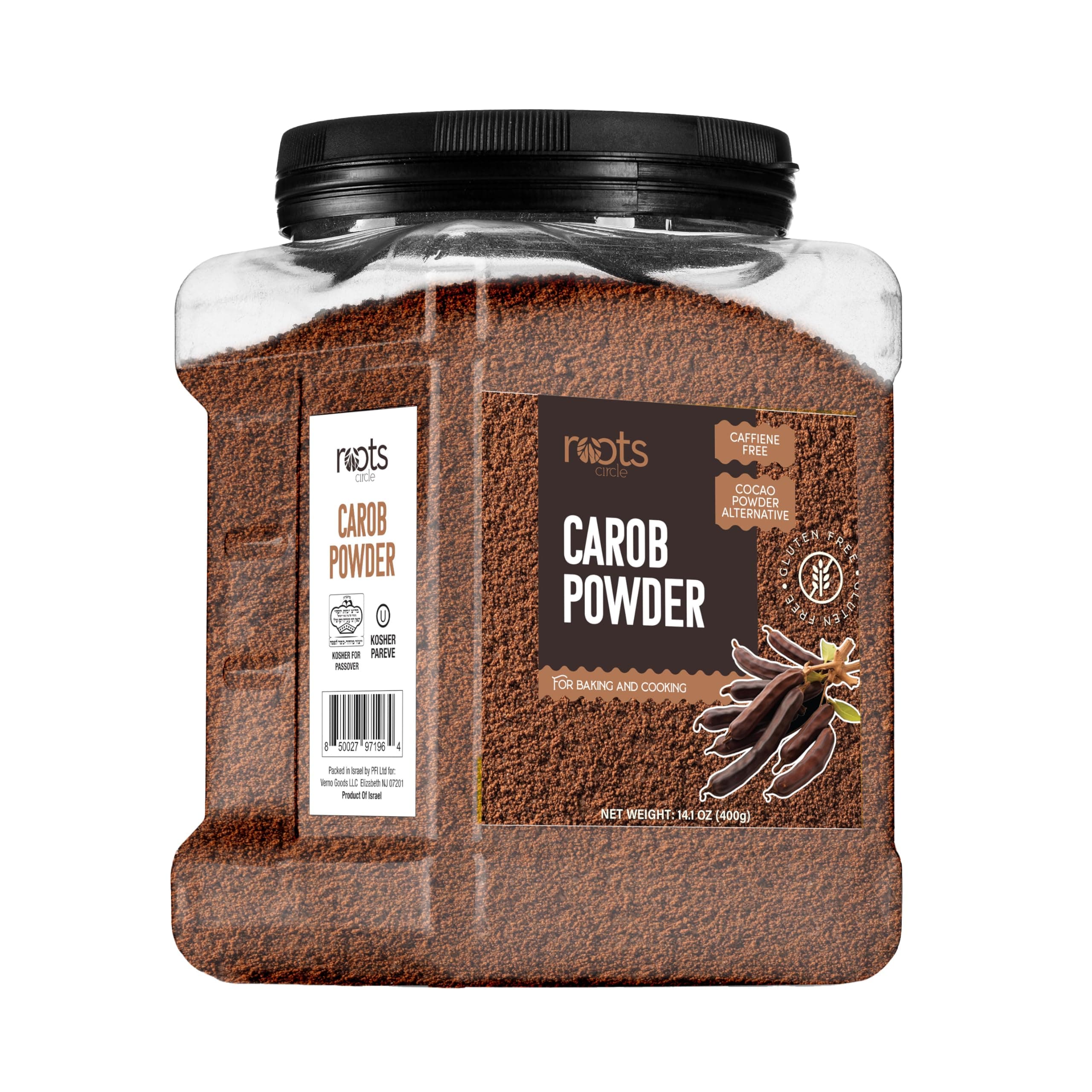 Roots Circle Premium Carob Powder Unsweetened | Kosher Bulk 14oz - Cocoa Powder Alternative | Rich in Fiber Caffeine Sugar-Free Chocolate Substitute Great for Smoothies, Cookies, and Yogurt