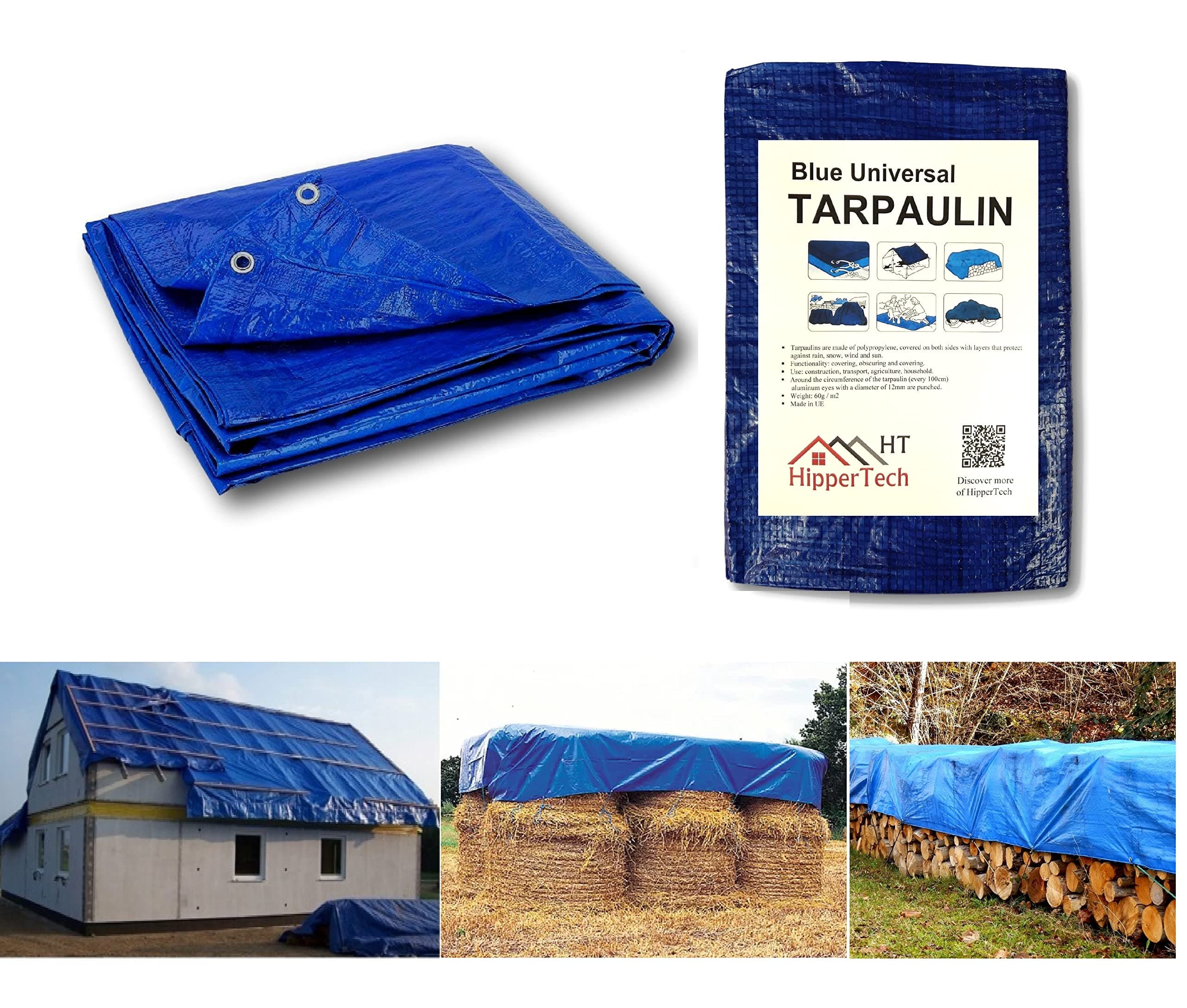 Tarpaulin HipperTech® 4m x 5m / 13ft x 16ft Blue Waterproof Tarpaulin - Tarp Sheet Cover - Woven Polyethylene and Laminated 4m x 5m = 20m² (13ft x 16ft = 208sq ft) - 60 GSM - Weight