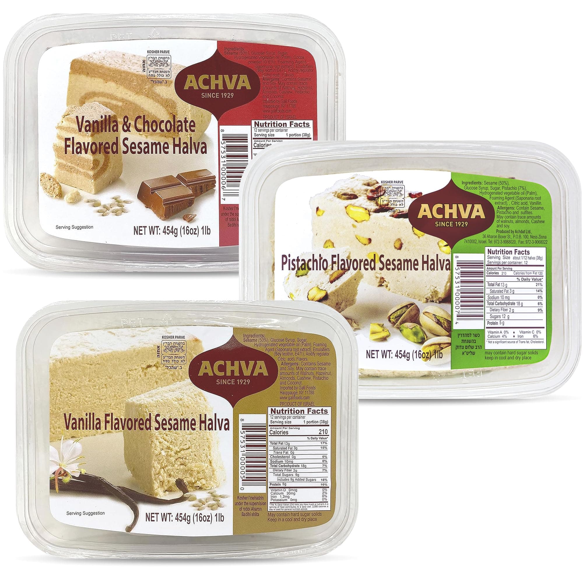 Achva Halva Variety Pack (Marble, Vanilla, Pistachio) - Authentic and Delicious Halvah Halwa - Natural Source of Protein - Vegan & Kosher Healthy Snacks - Halvas 3-Pack (450g per Tub)