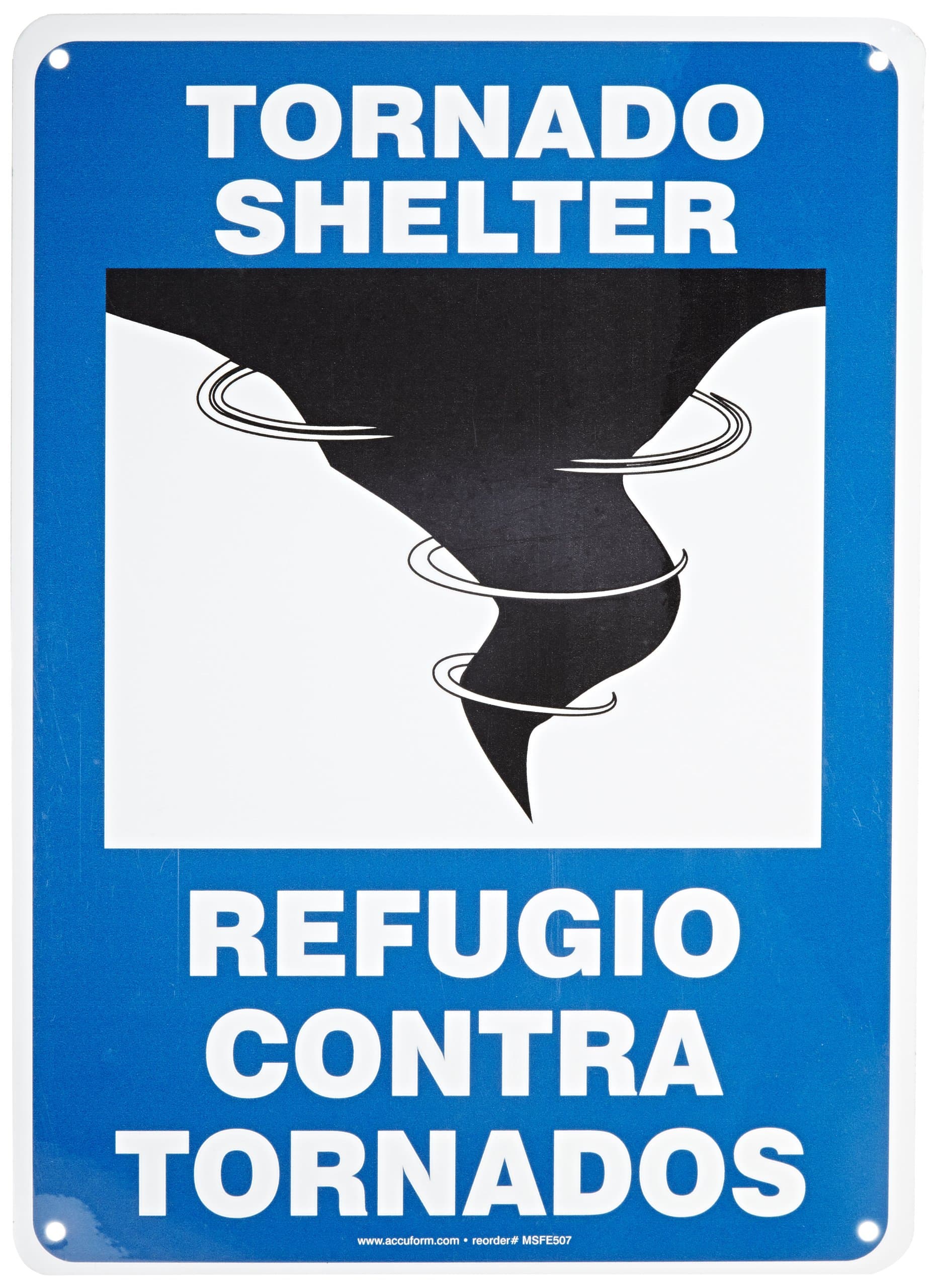 Accuform SBMFEX553VA Aluminum Spanish Bilingual Sign, Legend "Tornado SHELTER/Refugio Contra TORNADOS" with Graphic, 14" Length x 10" Width, Blue/Black on White