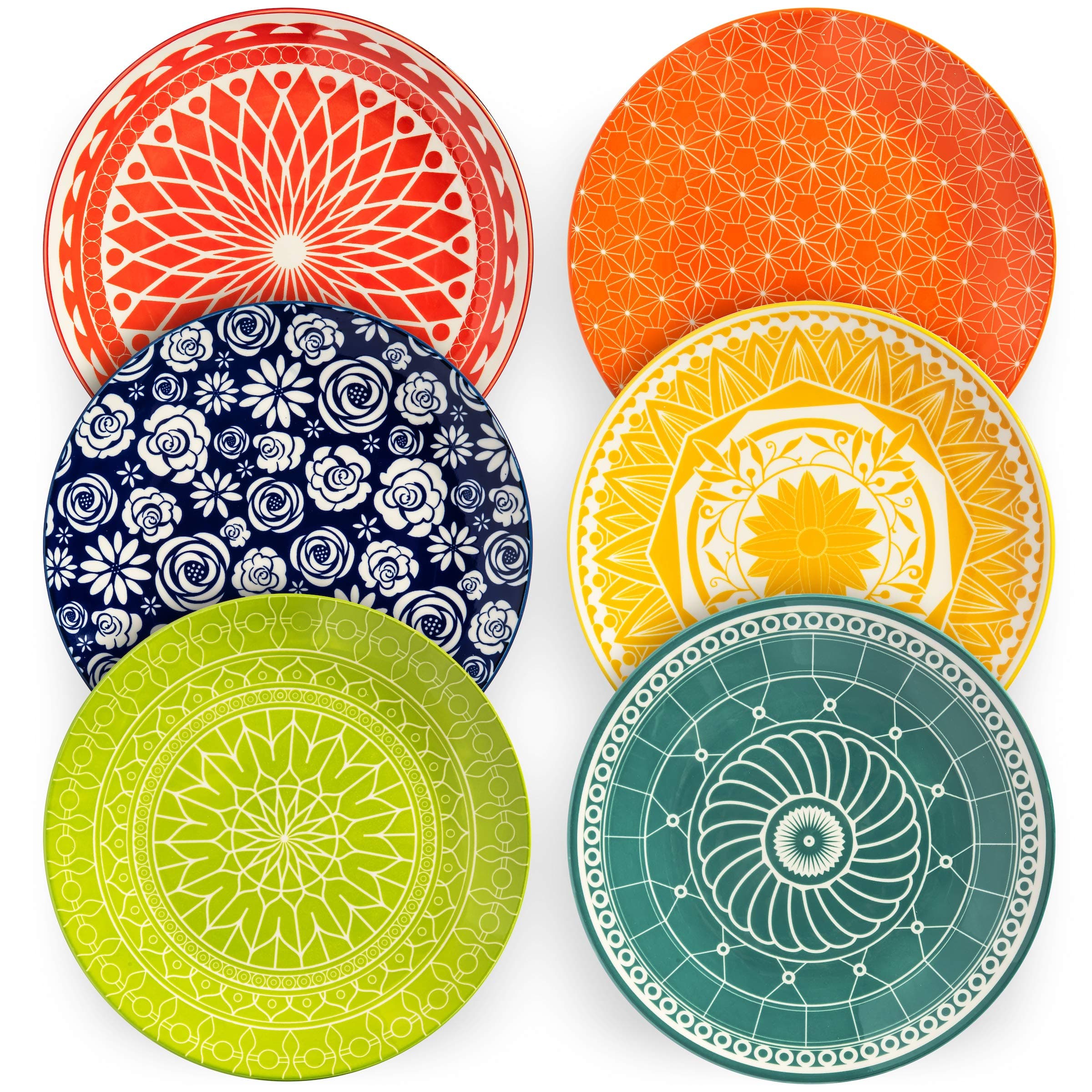 Annovero Dinner Plates - Mismatched Colorful Dinnerware Set of 6 - Fun Decorative Cute Boho Kitchen Dishes - Zero Lead & Cadmium - 10.5 Inch Diameter