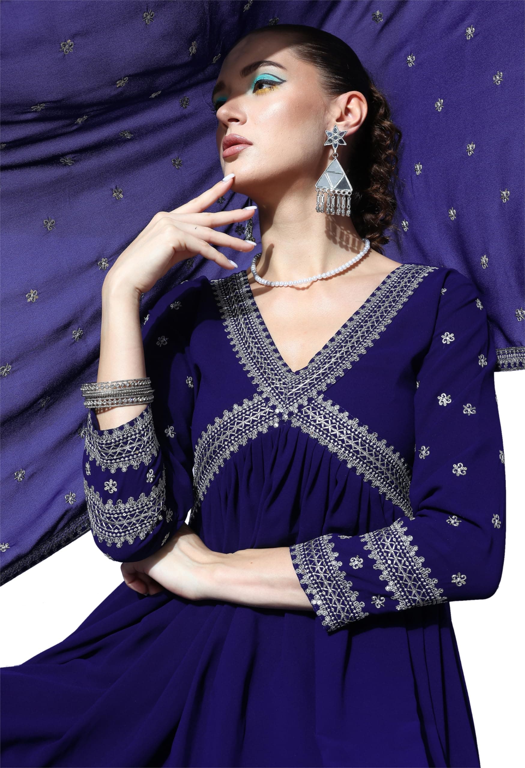 LYMI LABEL Kurta Pant Set With Dupatta For Women - Georgette Zari Embroidered A-Line Anarkali Kurta With Pant and Dupatta Set