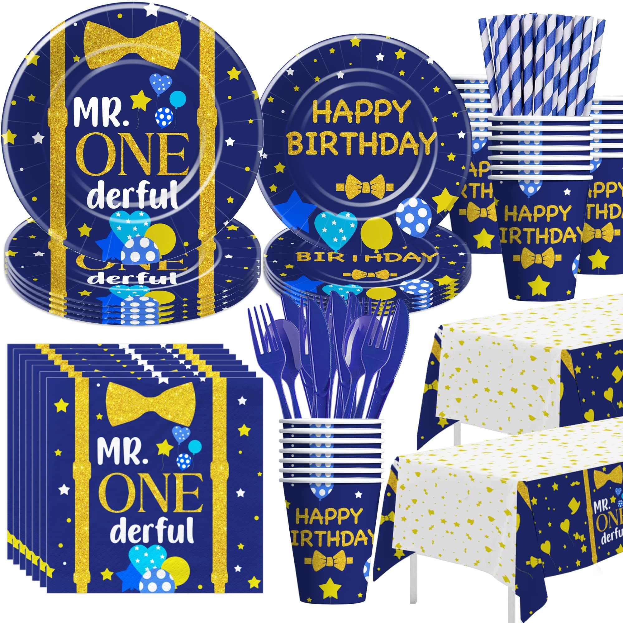 APOWBLS Mr Onederful First Birthday Decorations Tableware Boy, Baby Boy Onederful 1st Birthday Party Supplies, Paper Plate, Cup, Napkin, Tablecloth, Cutlery | Serves 24