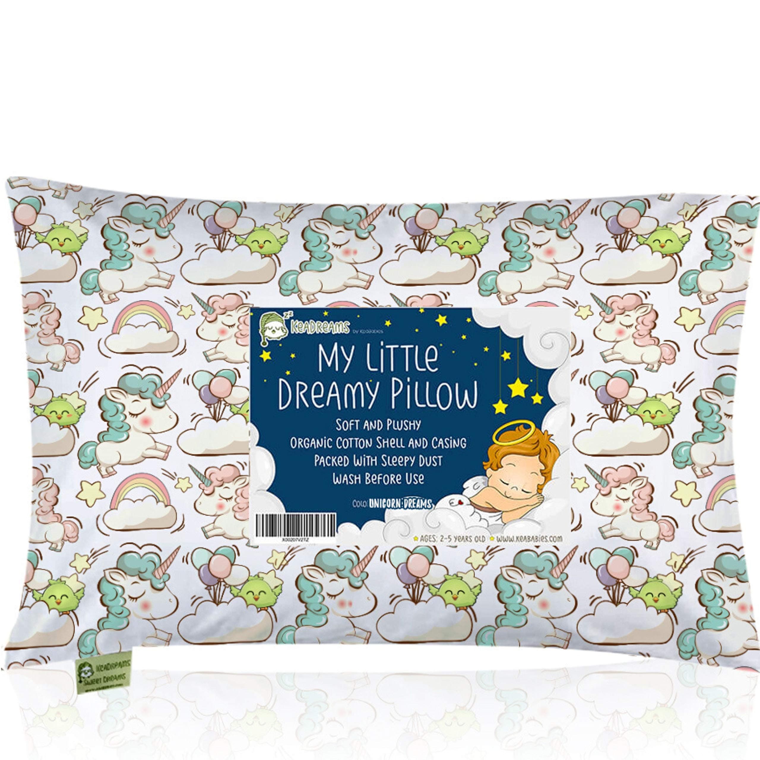 Toddler Pillow with Pillowcase - 13X18 Soft Organic Cotton Baby Pillows for Sleeping - Machine Washable - Toddlers, Kids, Boy, Girl - Perfect for Travel, Toddler Cot, Bed Set (Unicorn Dreams)