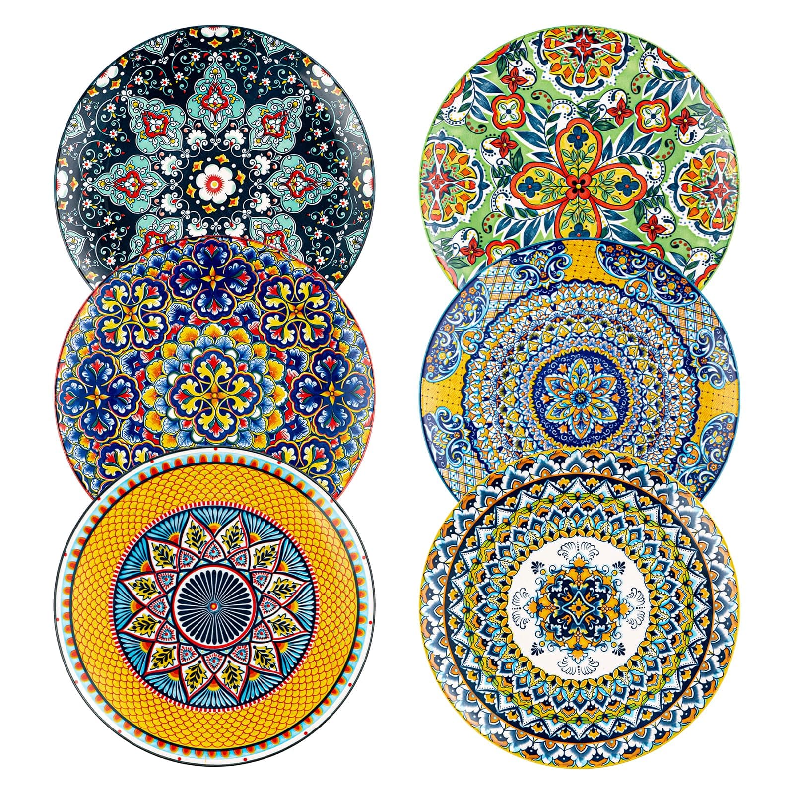 HENXFEN LEAD Dinner Plates Porcelain, 27 cm Salad Plates Coloured Breakfast Plates, 6 Piece Large Round Plate Set with Pattern and Colourful - Bohemian Style