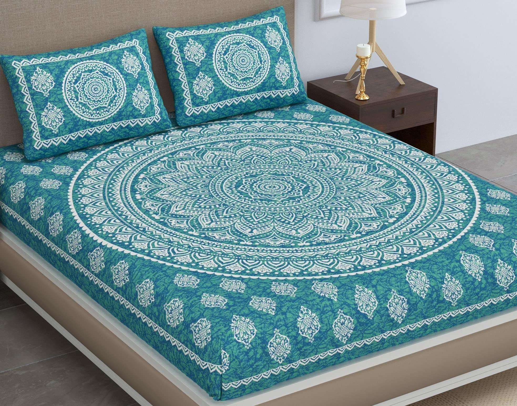 Cotton Blend Traditional Mandala Jaipuri Printed Bedsheet for Double Bed King Size with 2 Pillow Covers, Sea Green, 120 TC