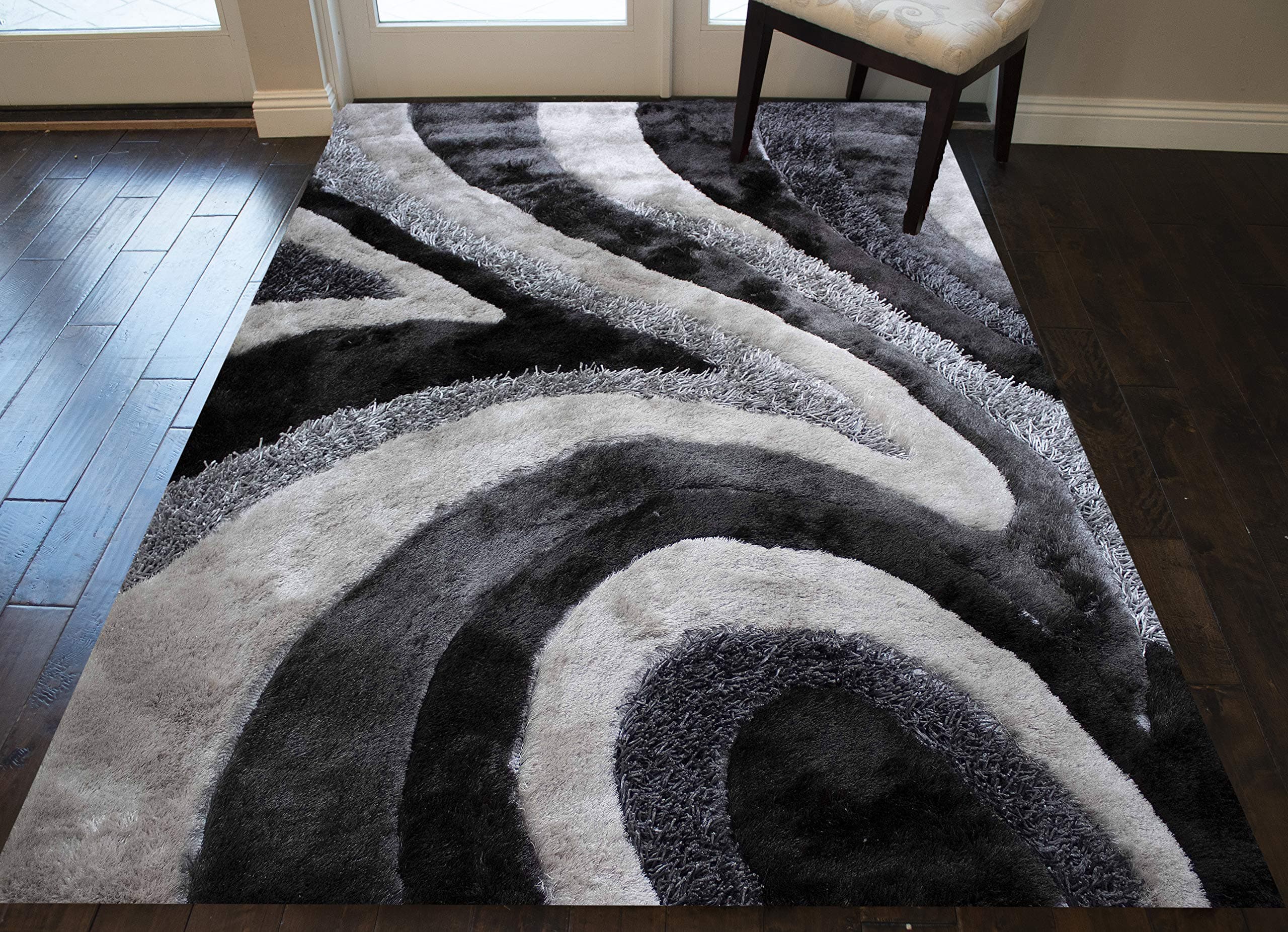5x7 Feet Gray Grey Colors Area Rug Carpet Rug 3D Soft Plush Pile Shag Shaggy Fuzzy Furry Modern Contemporary Decorative Designer Bedroom Living Room Hand Woven Non-Slip Canvas Backing