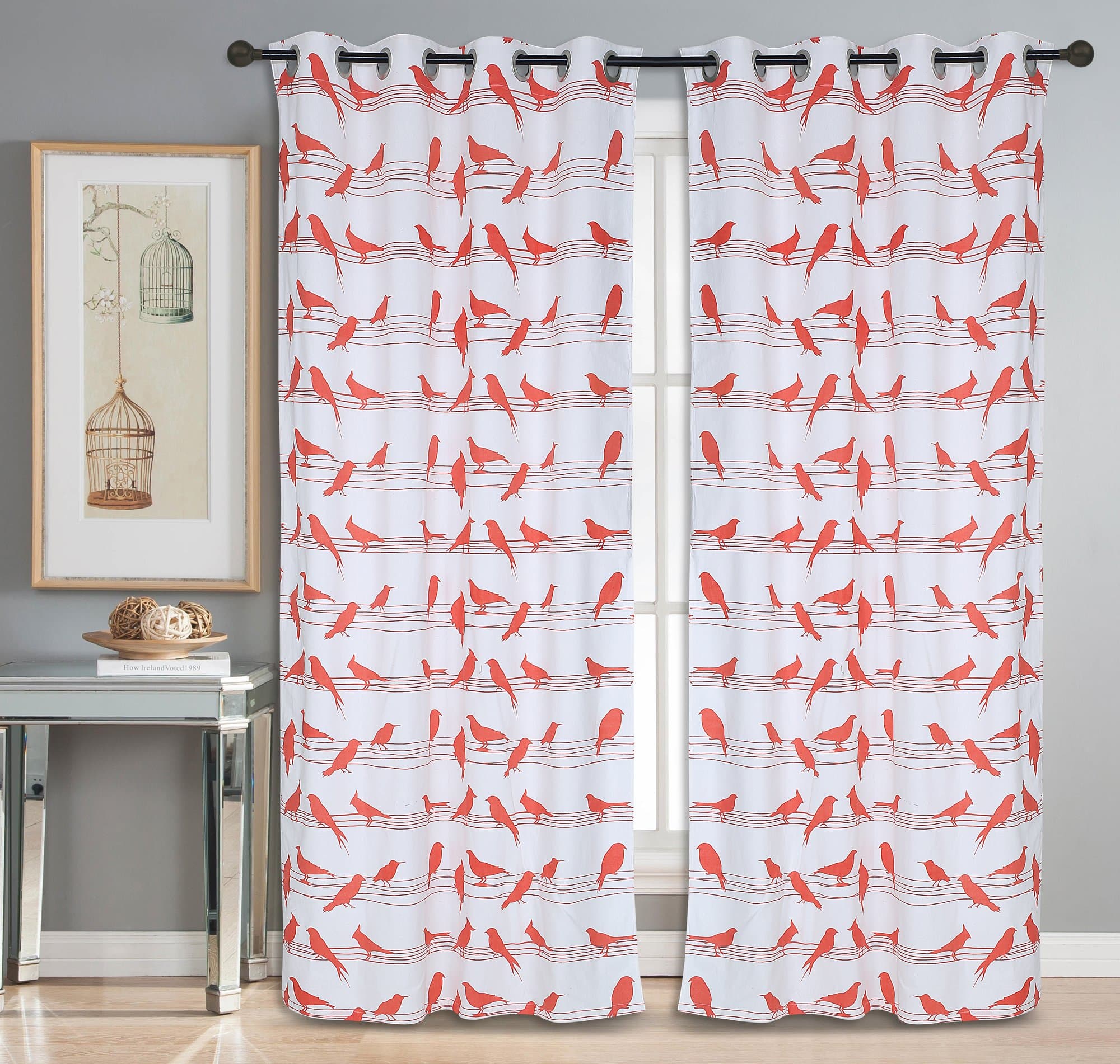Dekor World Cotton Coral Bird Printed Eyelet Curtain Set (Pack of 2)-110x150cm (4x5Feet) Window Curtain