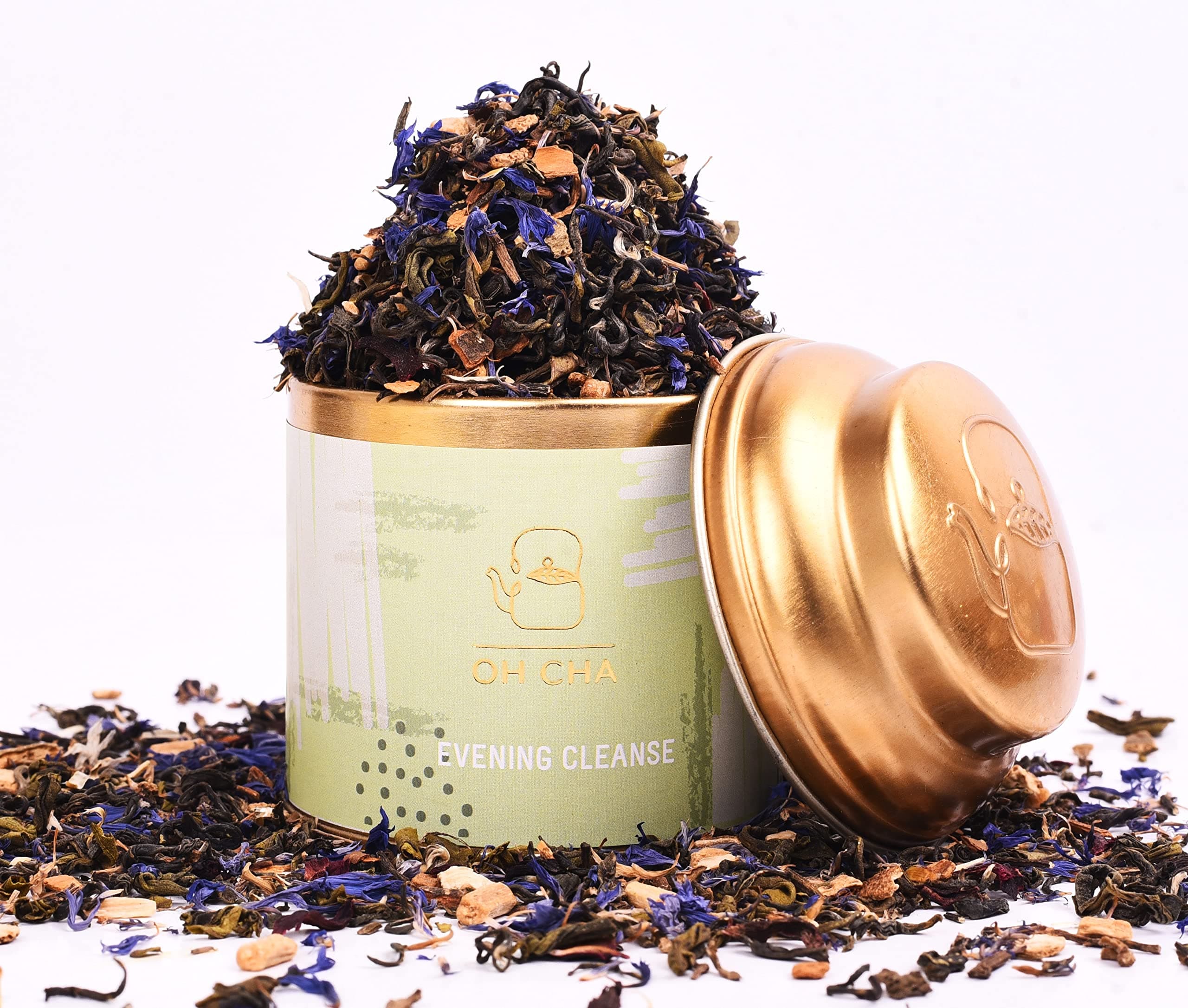 OH CHA - Evening Cleanse | Detox Green Tea with Brahmi, Shatavari, Cinnamon, Blue Cornflower, Hibiscus, Citric Rinds | Cleanse Worries Away | 100% Whole Green Tea Leaves | 35g Tin Caddy