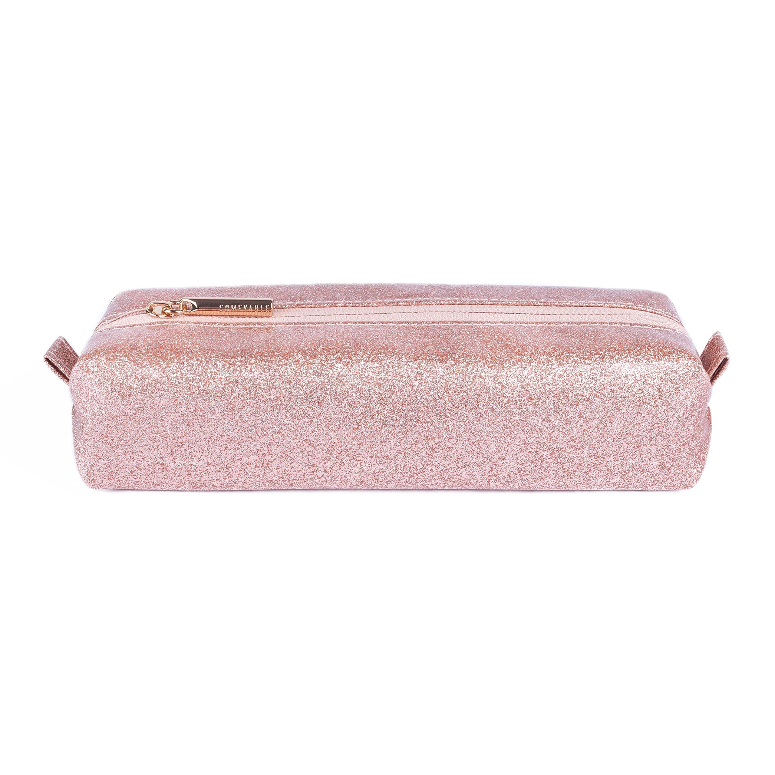 Comfyable Small Cosmetic Bag for Purse Pencil Case Rectangular Makeup Bag Waterproof Glitter Cute Toiletry Pouch Rose Gold Sparkly Shiny Pink