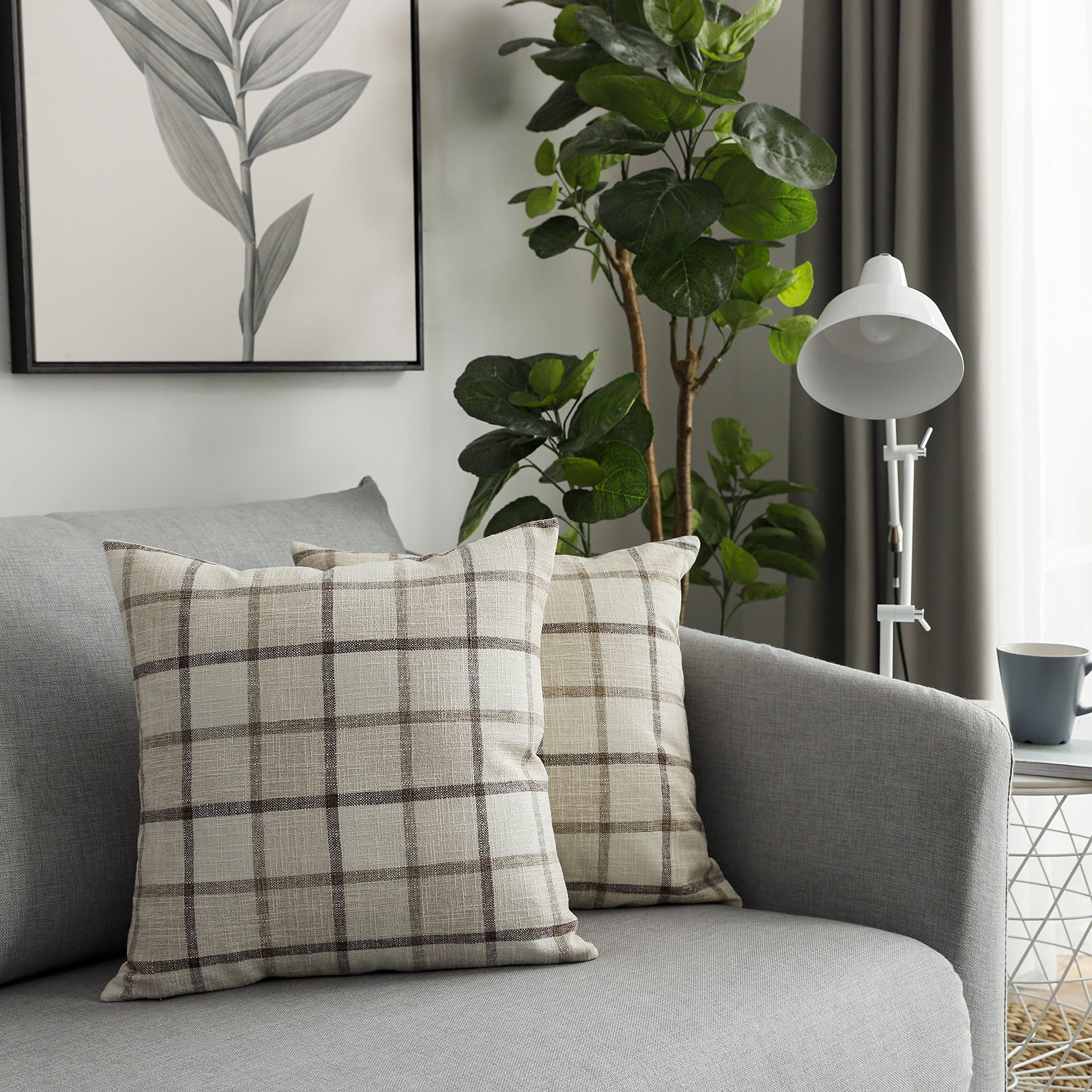 UGS UGASA Decorative Square Throw Pillow Cases Classic Retro Checkered Plaids Cotton Linen Cushion Cover with Invisible Zipper Closure for Sofa, 18 x 18 Inch Set of 2, Natural + Beige