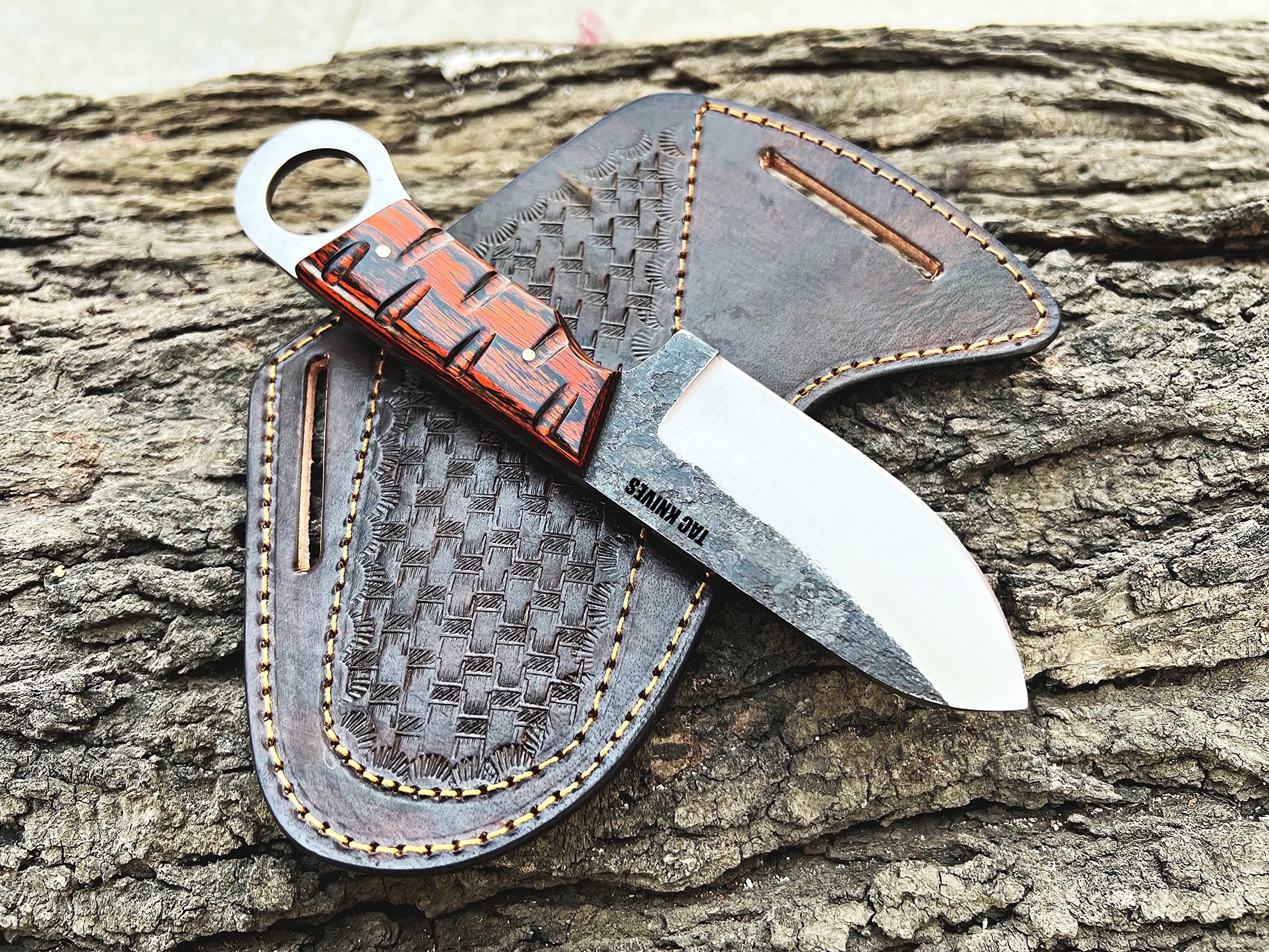 TAC KNIVES 7'' Full Tang Fixed Blade Outdoor Camping Hunting Knife In Sheath Gift For Him | 1095 High Carbon Steel | SKINNER Gift Cowboy knives Pancake leather sheath (ORANGE)