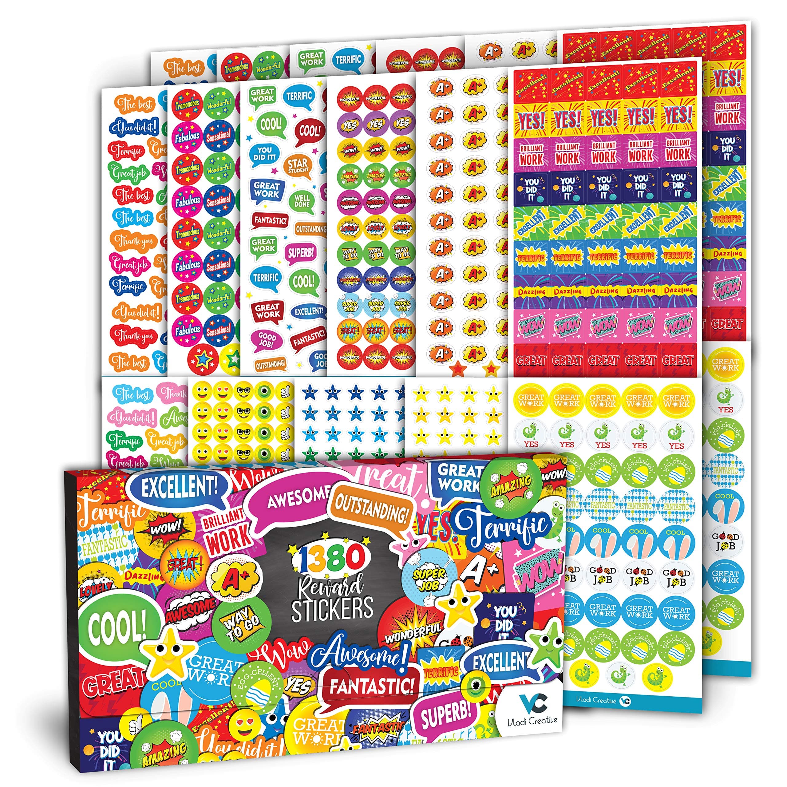 Vladi Creative Teacher Reward Stickers - 1380 Pcs, 22 Sheets of Premium Reward Stickers, Colorful, Fun Designs to Inspire and Motivate Kids & Students, Perfect for Classroom & Homeschool Incentives