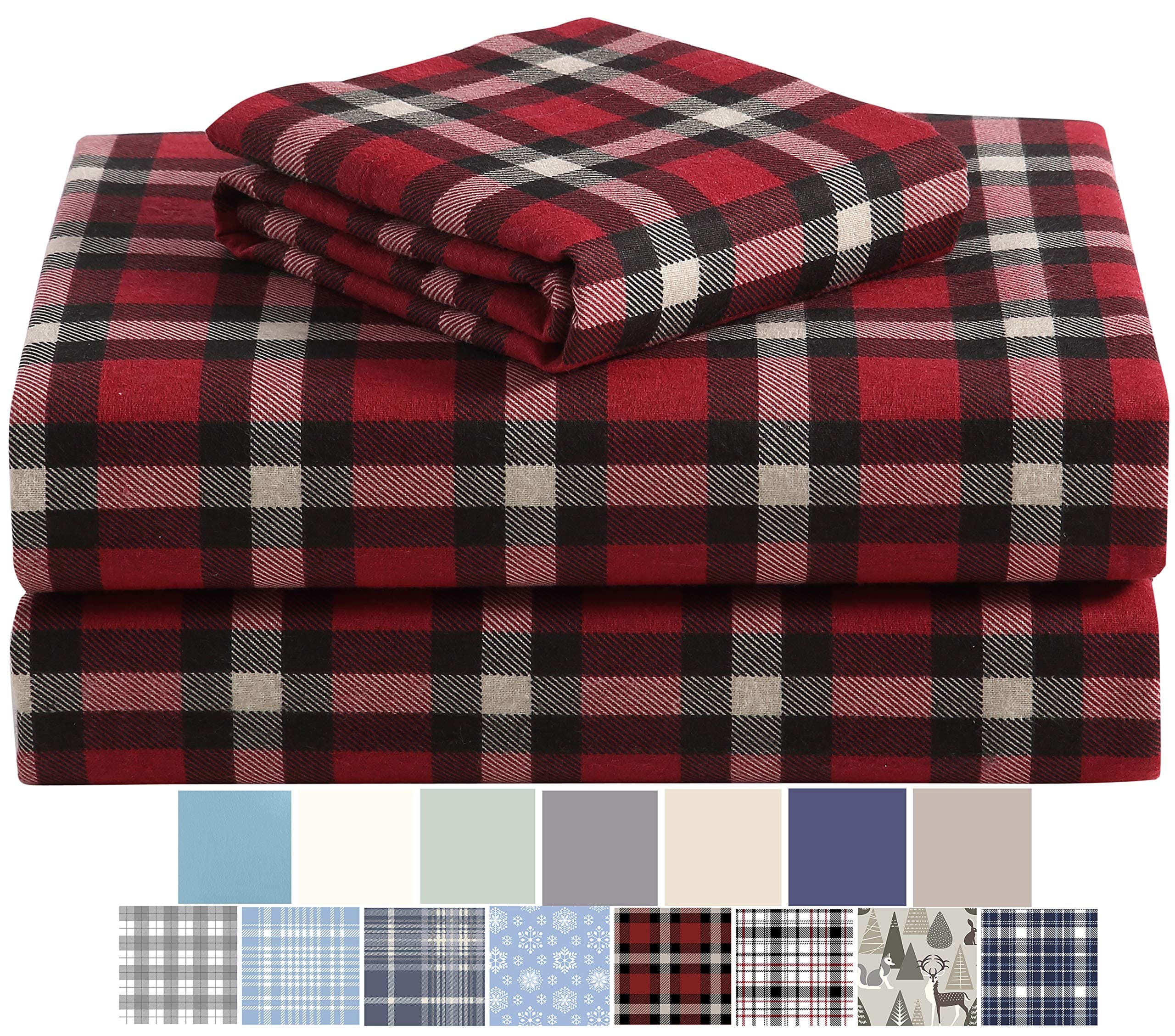 Highline Bedding Co. Flannel Sheet Set Queen Size- 100% Turkish Cotton, Double-Brushed, Ultra-Soft, Plush, Cozy 4-Piece Set (Dover Plaid, Red and Black)