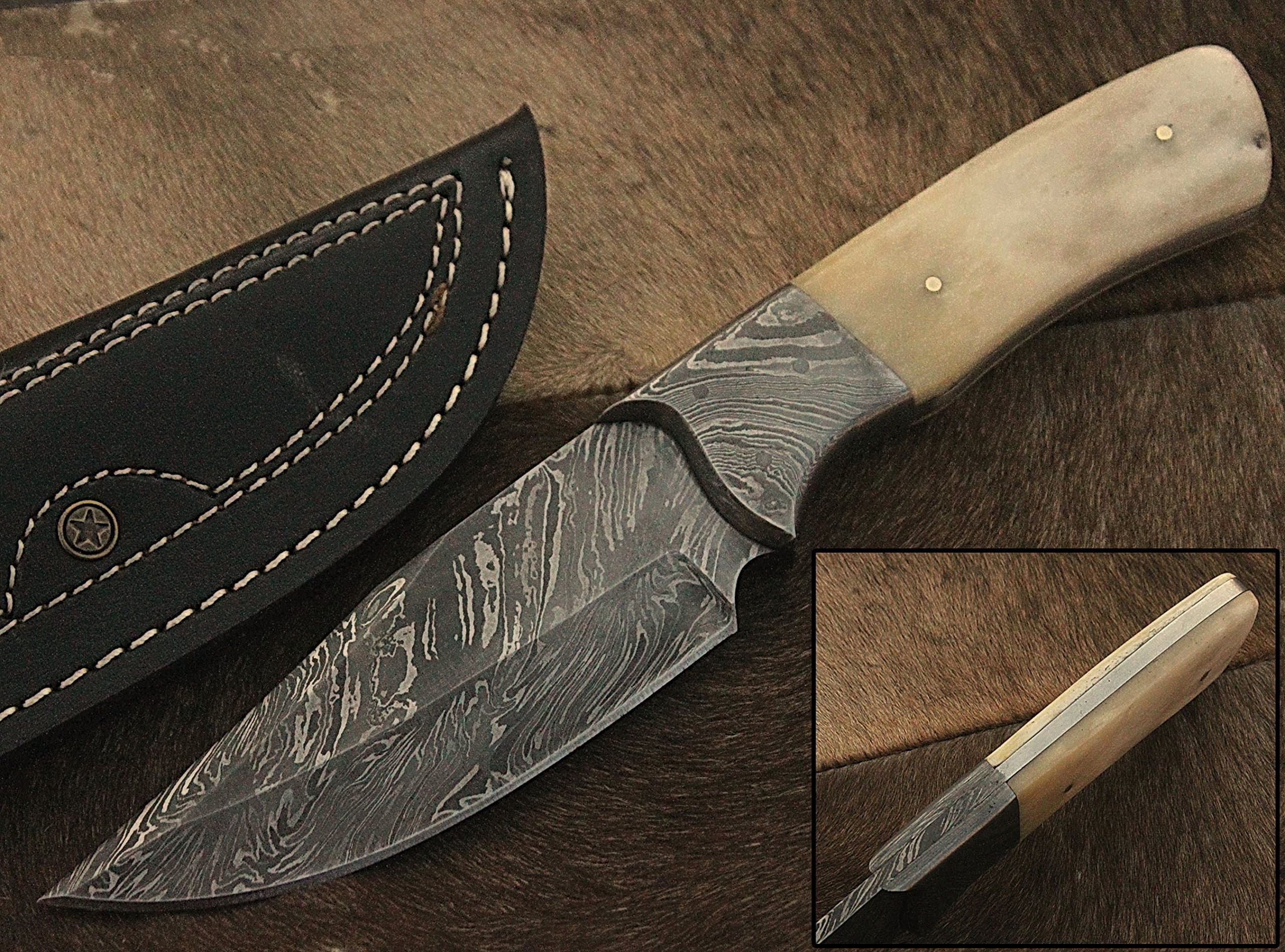 RA-9002 Custom Made Damascus Steel Hunting Knife Bone Handle, Damascus Bolster, with Real Leather Sheath.