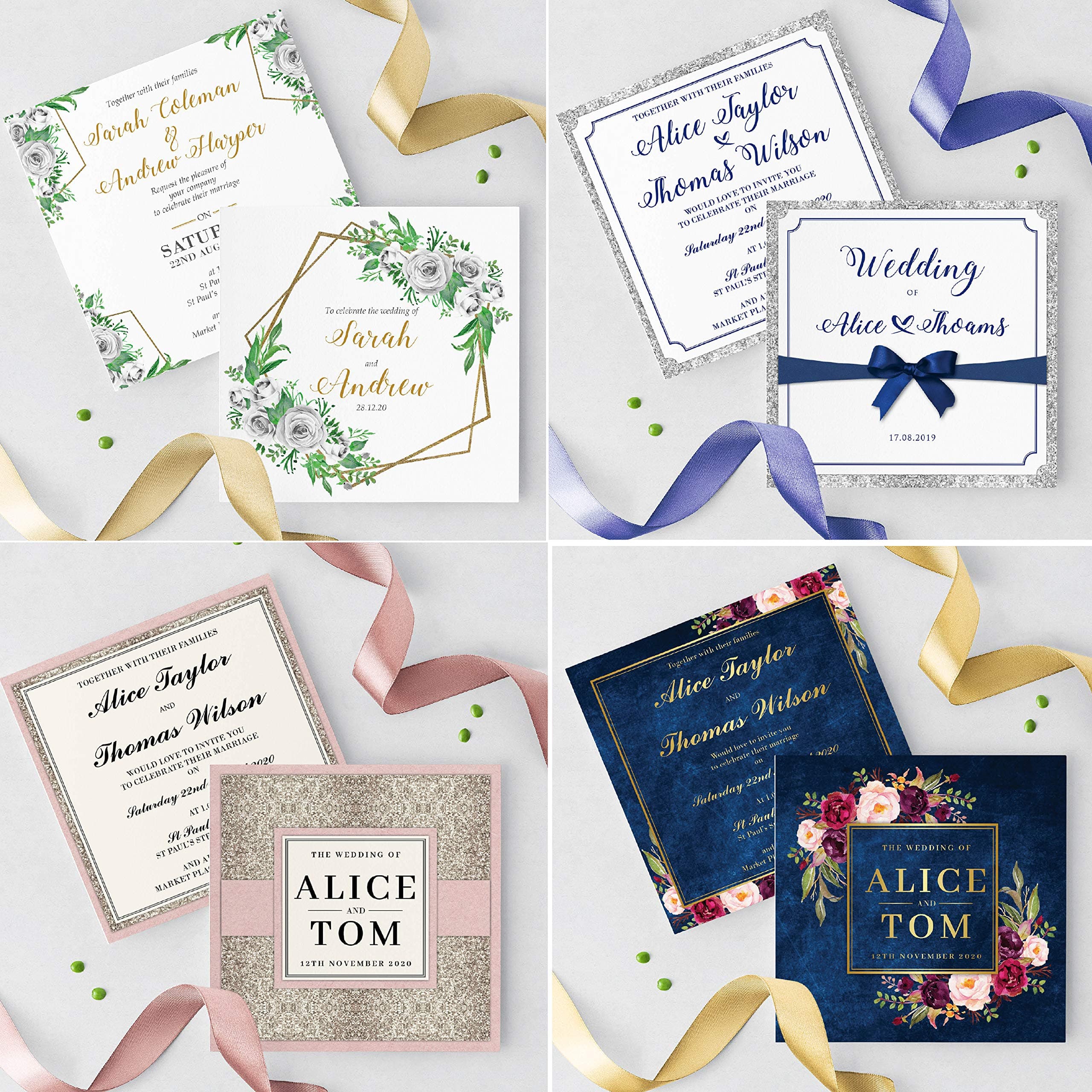Personalised Wedding Invitations/Invites, Day or Evening, Choose from 10+ stunning Double Sided Square FREE Envelopes