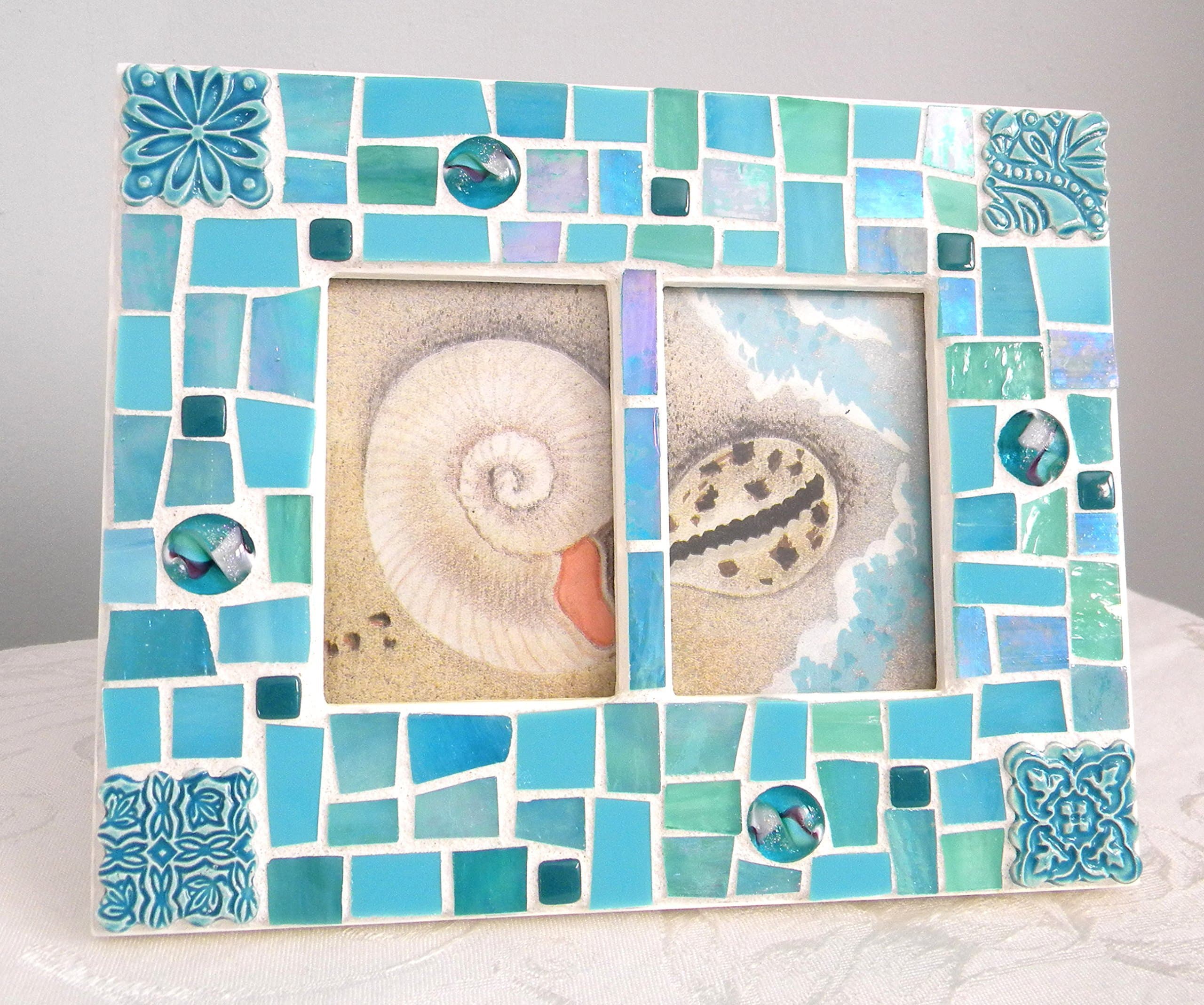 Aqua and Turquoise Mosaic Double Picture Frame - Stained Glass - Cabochons, Ceramic Tiles
